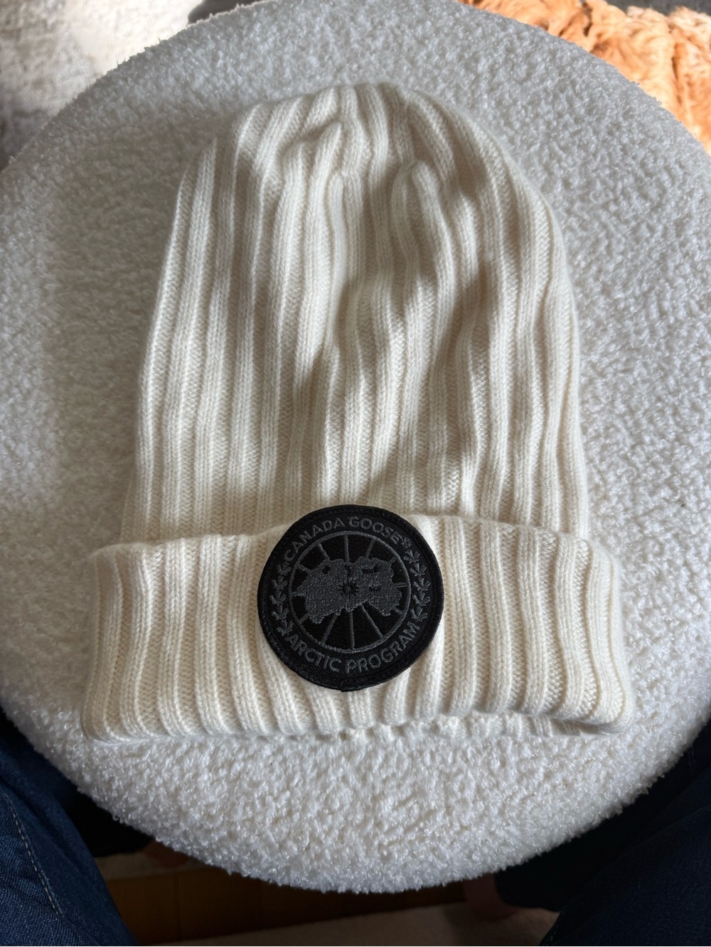 Canada Goose Men's Ivory Ribbed Knit Beanie with Black Patch
